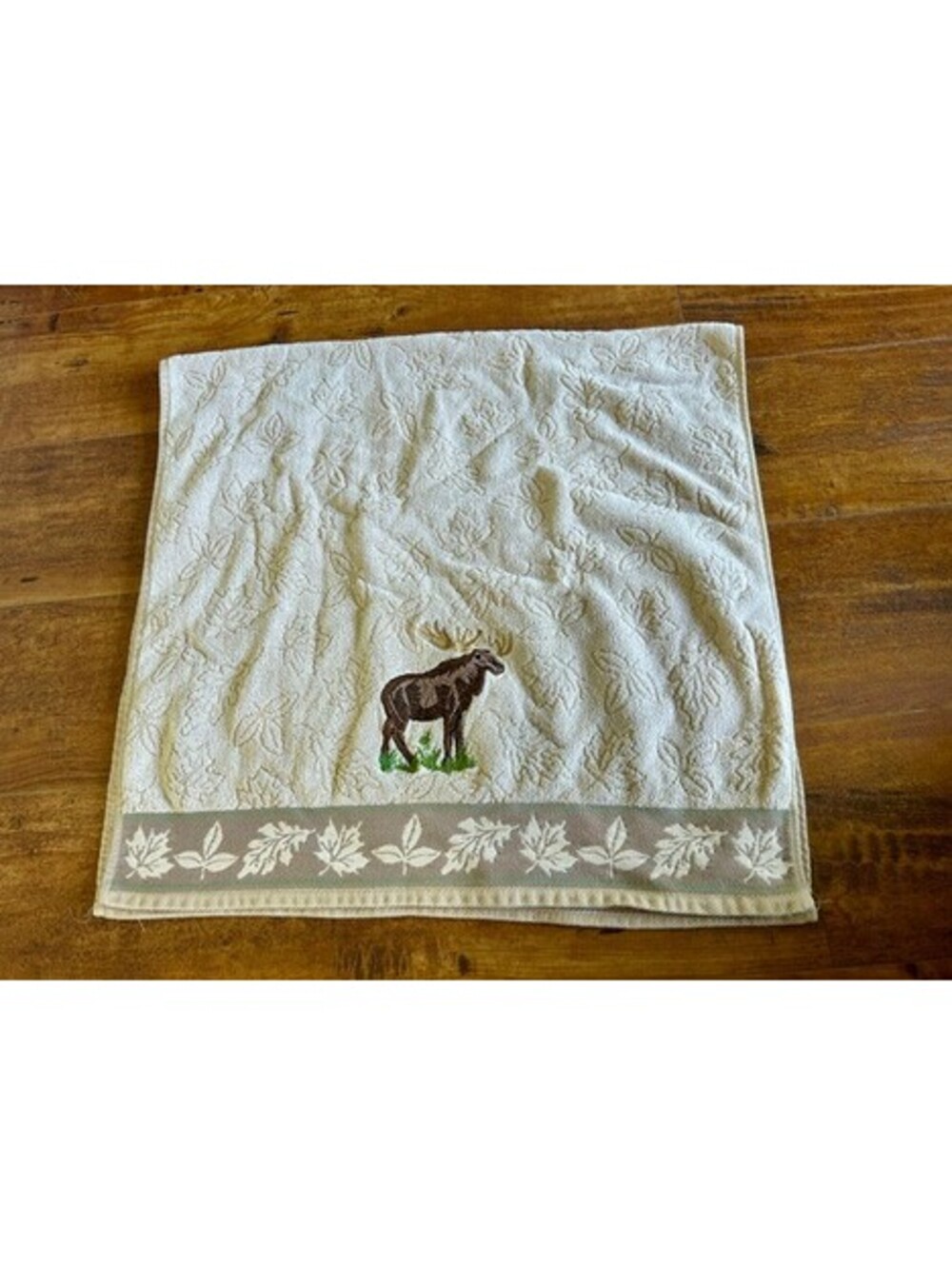 Bath Beige Cotton Hand Towel with Moose Embroidery and Leaf Border